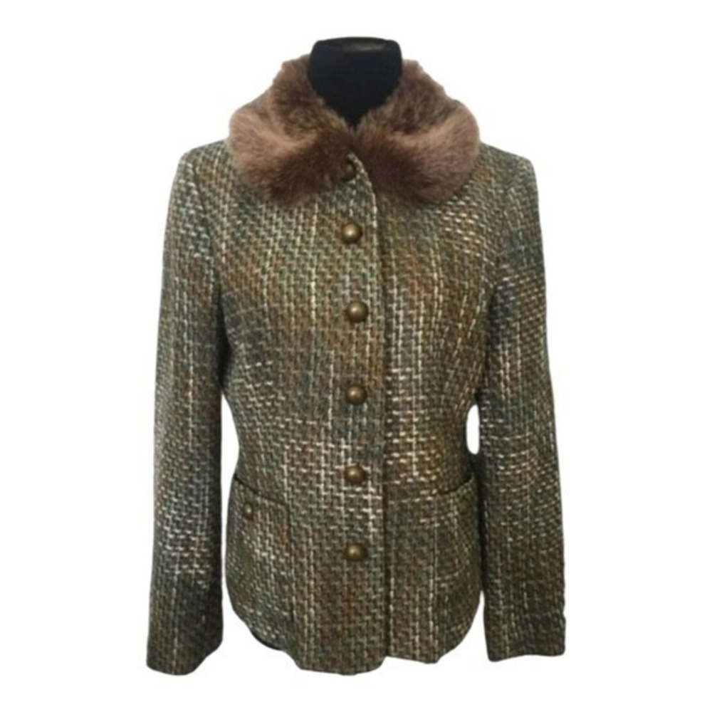 KASPER Brown and Green Tweed Faux Fur Collar Fitted Tailored Blazer Jacket 10P